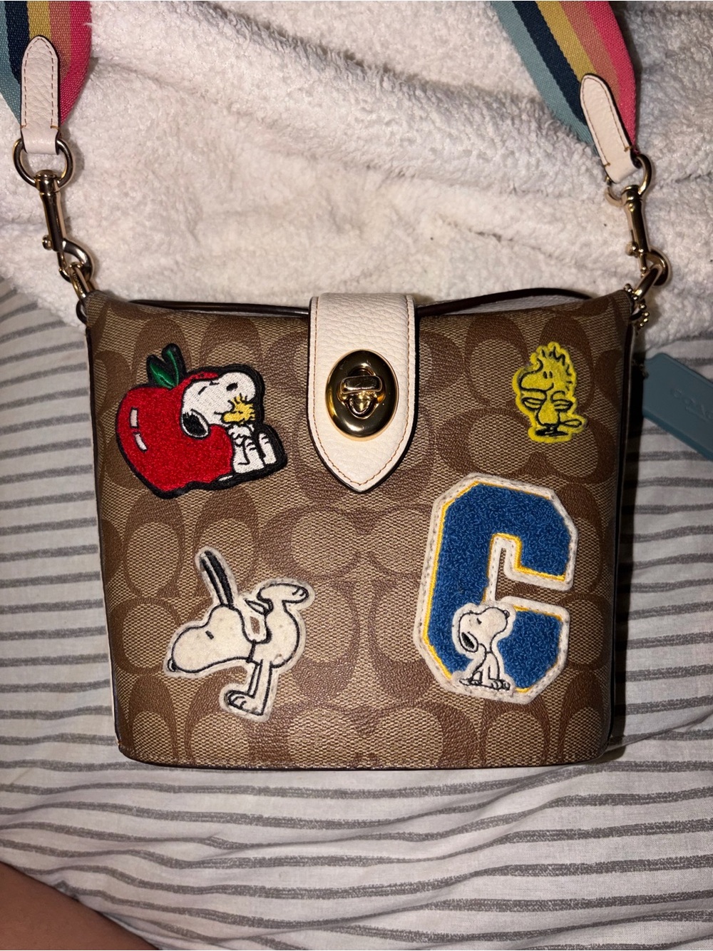 Coach Brown Canvas Crossbody with Peanuts Appliqués and Rainbow Strap